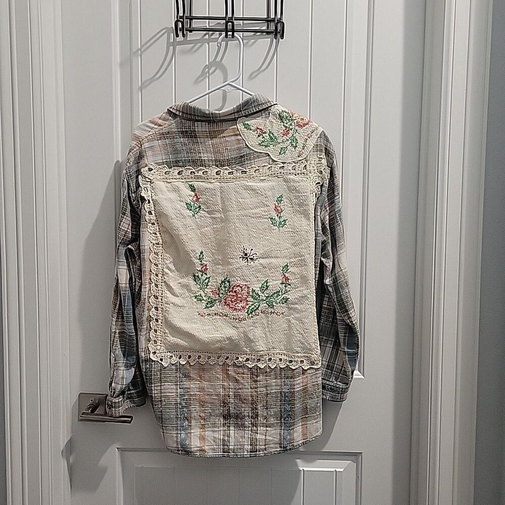 Vtg Distressed Flannel Shirt embroidery lace OOAK needlework Bleach Sz M Upcycle